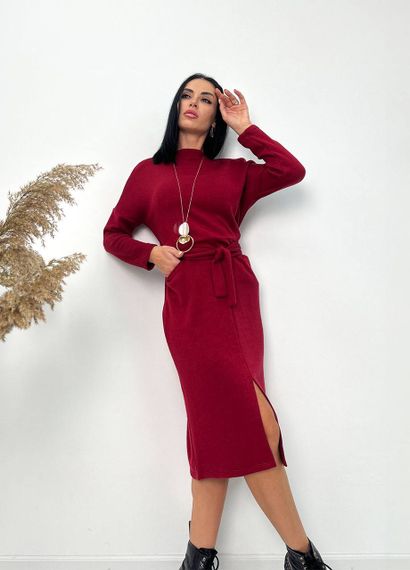Женское теплое платье из двухсторонней ангоры с поясом GF08564 цвет бордовый, размер 54/56