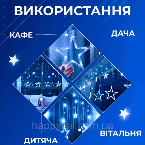 Гірлянда штора 3х0,7 м Зірки на 108 LED лампочок світлодіодна 6 великих та 6 маленьких зірок 9В 8 режимів 1733053ML Синій | Зображення 1