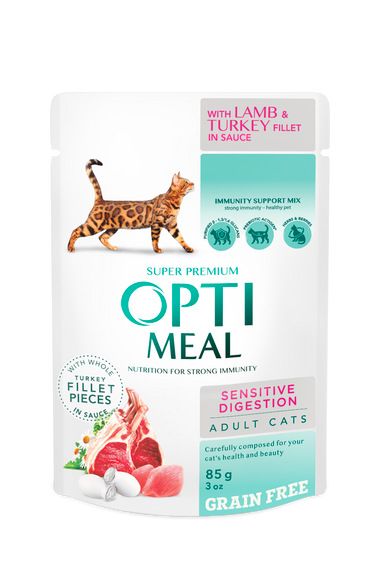 optimeal Беззерновий повнораціонний консервований корм  для дорослих котів з чутливим травленням  з ягням та індичим філе у соусі 85 г