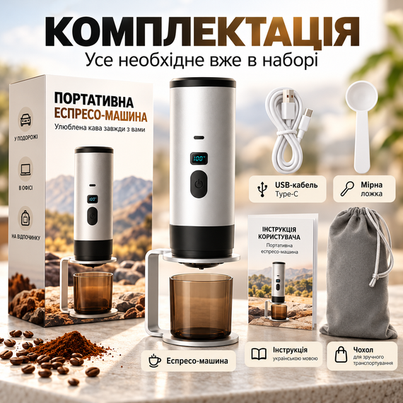 Портативна кавомашина акумуляторна для еспресо з підігрівом води 15 бар 7800 мАг USB Type-C з дисплеєм срібляста | Зображення 4