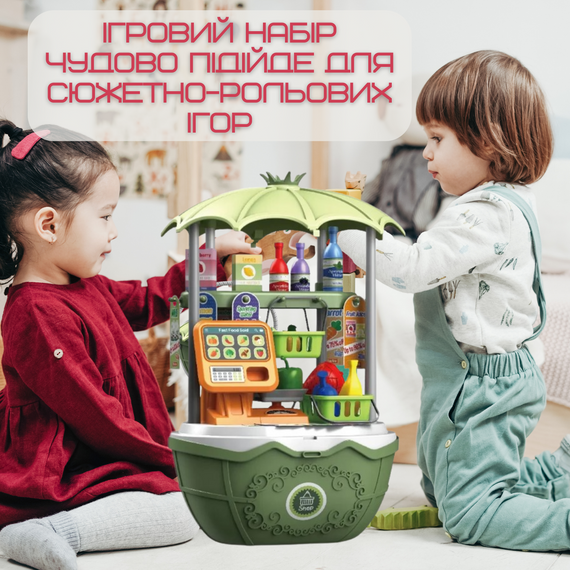 Дитячий Переносний Кошик з Продуктами Складний 49 Предметів 2в1 Ігровий Набір Продавець з Іграшковими Грошами + Ваги Зелена | Зображення 4