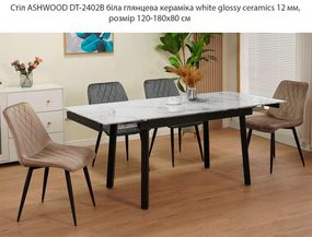 Прямоугольный стол Ashwood DT-2402, столешница керамика белая глянцевая white glossy ceramics 12 мм, размер 120-180х80 см