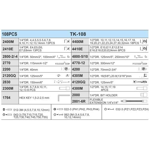 Набір торц. головок професійний 1/4"DR4-14мм та 1/2"DR10-32 мм,108 предм (TK-108) HANS | Зображення 2