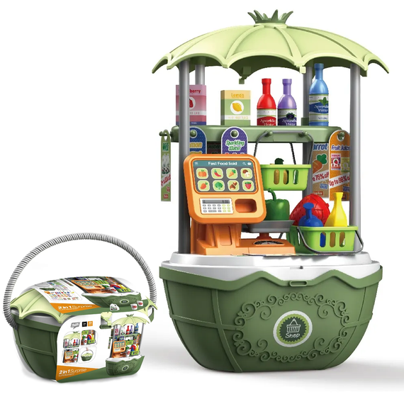 Дитячий Переносний Кошик з Продуктами Складний 49 Предметів 2в1 Ігровий Набір Продавець з Іграшковими Грошами + Ваги Зелена