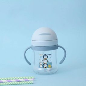 Поильник непроливайка с силиконовой трубочкой с ручками Пингвины Голубой PPP-09