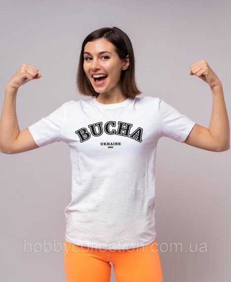 Футболка жіноча із патріотичним принтом "Bucha Ukraine 1901" біла