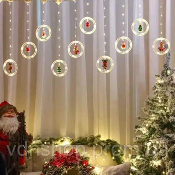 Гирлянда штора “Круги и шары” 3м (ёлка, снеговик, дед мороз, олень, шапка) | Зображення 1