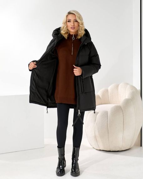 Чорний зимовий пуховик люкс середня довжина | Зображення 2