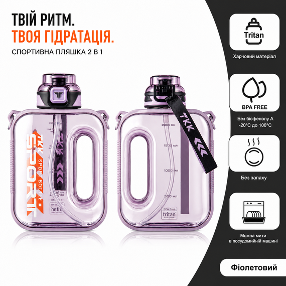 Спортивная бутылка TKK SPORT (2100 мл) - Ударопрочный Tritan, Фиолетовая прозрачная с ручкой и трубочкой | Зображення 1