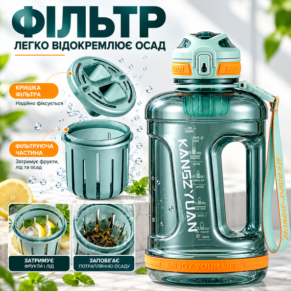 Бутылка для воды KANGZYUAN 1500 мл спортивная Tritan без BPA, ударопрочная, с ручкой и ремешком, зеленая