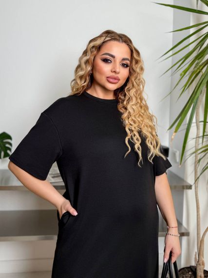 Женское платье-футболка длинное с коротким рукавом, больших и батальных размеров IS870, цвет черный, размер 50/52 | Зображення 3