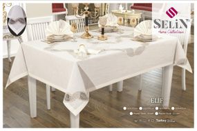Льняна скатертина Selin Elif Set 160×220+8 серветок кремова