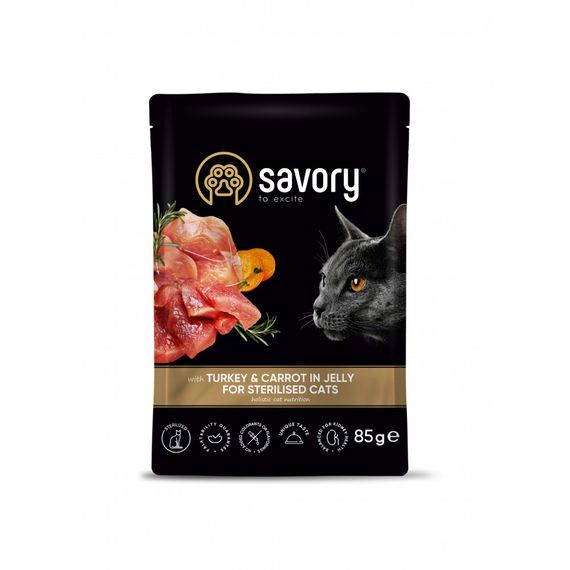 Корм вологий Savory Sterilised Cat Pouch Turkey and Carrot in Jelly для стерилізованих котів з індичкою та морквою у желе 85