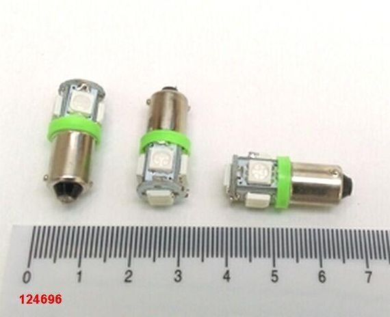 Лампа світлодіод з/ц 12V T4W BA9s 5SMD (50 х 50) зелена
