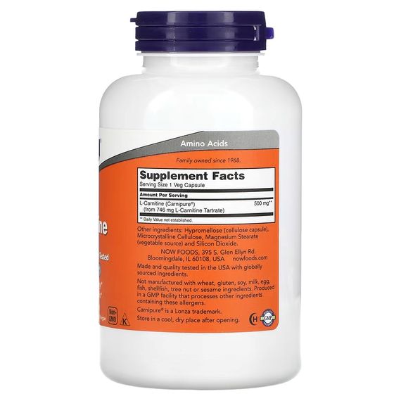 L-карнітин NOW L-Carnitine, 500 mg, 180 Veg Capsules | Зображення 1