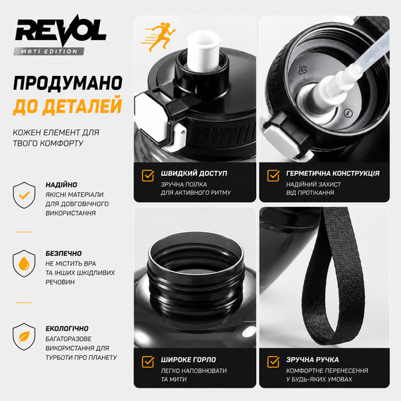 Спортивная бутылка для воды REVOL MRTI 1.6 л (1600 мл) с соломинкой и ручкой, черная прозрачная, с защитой от протечек | Зображення 2