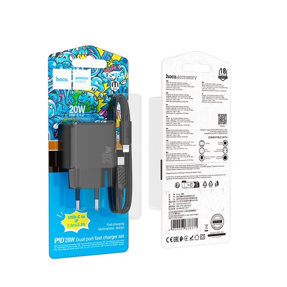 СЗУ HOCO CS16A, 1xUSB-C+1xLighting, PD20W, Black | Зображення 1
