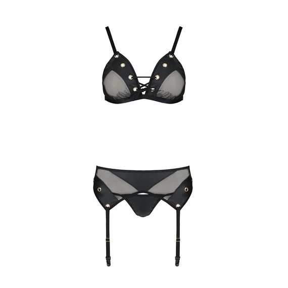 Комплект білизни Passion NESSY SET L/XL black, бюстгальтер, пояс для панчіх, стрінги | Зображення 2