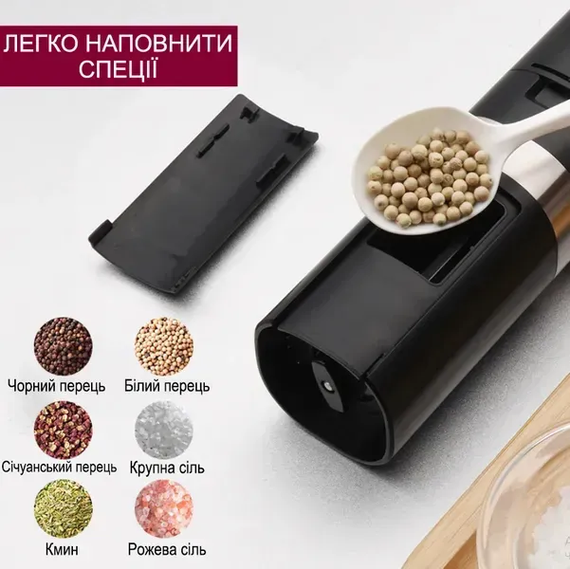 Набір млинів для спецій, перцю, солі / Електромлин від USB з підсвіткою та підставкою | Зображення 2
