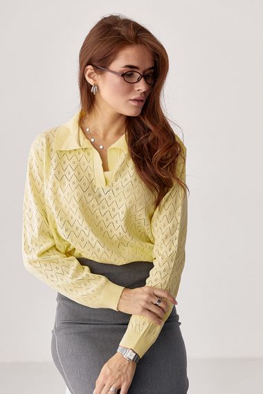 Кофта-поло з ажурної в'язки - лимонний цвет, ONE SIZE (є розміри) | Зображення 4