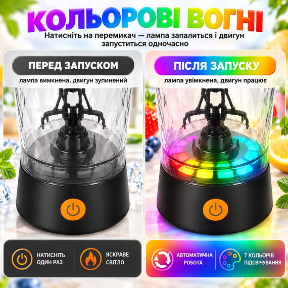 Електричний шейкер 650 мл чорний акумуляторний для протеїну з LED-підсвічуванням, USB Type-C і контейнером для порошку | Зображення 7
