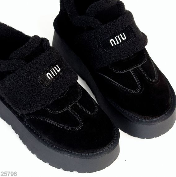 Молодежные черные угги автоледи натуралки с мехом тедди на липучке | Зображення 2