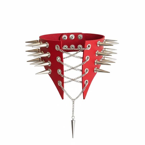 Чокер комір з шипами Art of Sex - Ariadne, натуральна шкіра, колір червоний, XS-M