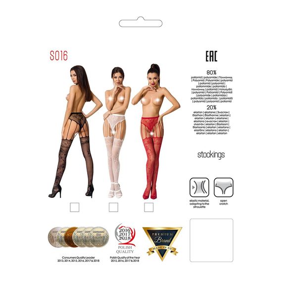 Сітчасті панчохи-стокінги Passion S016 One Size, Red, імітація ажурного пояса з гартерами | Зображення 4