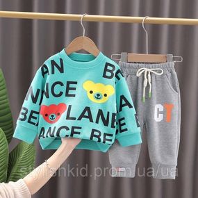 Детский костюм двойка на весну/осень для мальчиков и девочек, прогулочный, цвет серый с бирюзовым