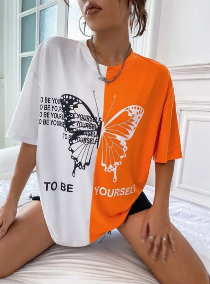 Женская двухцветная трикотажная футболка Бабочка GF05215 размер 50/52, цвет оранжевый + белый