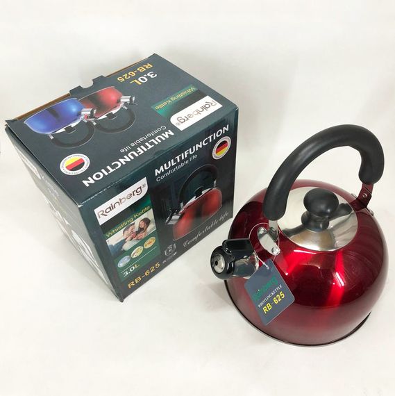 Чайник Rainberg RB-625 із нержавіючої сталі зі свистком 3л. SM-406 Колір: червоний | Зображення 5