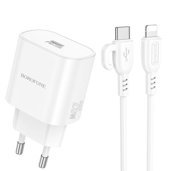 Набір СЗУ BOROFONE BA82A + Lighting кабель, PD25W, USB-C, кабель 1м, White