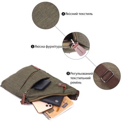 Сумка Vintage Через плече для чоловіків з текстилю Оливкова (22197) | Зображення 7