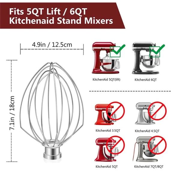 Проволочный венчик для миксера Kitchenaid 5QT Lift и 6QT, нержавеющая сталь | Зображення 5