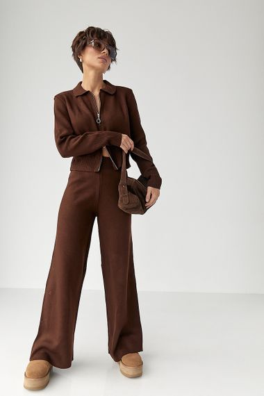 В'язаний трикотажний костюм з коротким кардиганом - коричневий цвет, ONE SIZE (є розміри) | Зображення 4