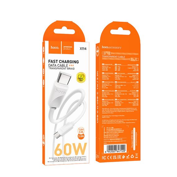 Дата кабель Hoco X114 Energy Type-C to Type-C 60W (1m) White | Зображення 3