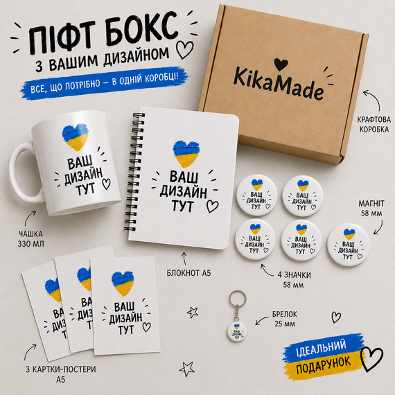 Подарунковий бокс з вашим дизайном - чашка, блокнот, значки, магніт, постери та брелок