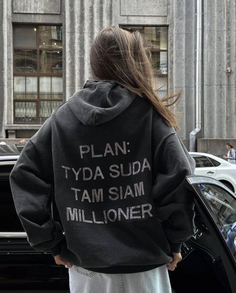 Женское теплое худи оверсайз на флисе со стразами на спине Plan Millioner  цвет серый, размер 42/48 PP005 | Зображення 2