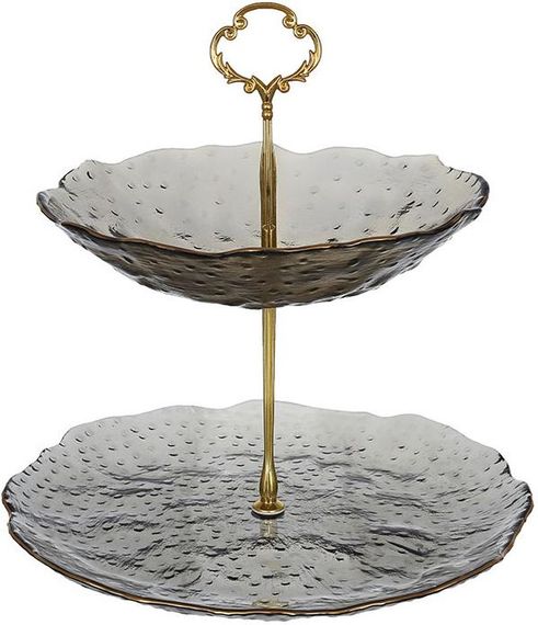 Фруктівниця фуршетна стійка "Fleur" 2-х ярусна Ø20см/Ø26см, димчасто-сірий із золотим обідком