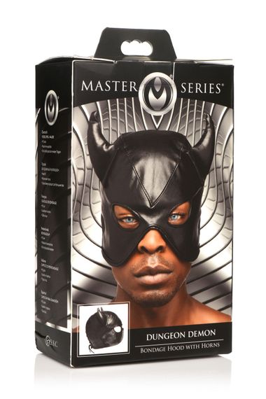 Маска з рогами Master Series: Dungeon Demon Bondage Mask with Horns, чорна | Зображення 8