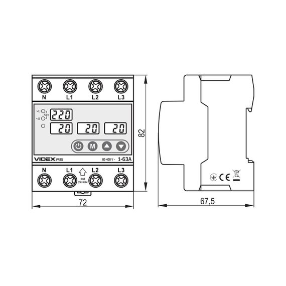 Трифазне реле контролю напруги та струму VIDEX RESIST 145-300В 1-63А | Зображення 2