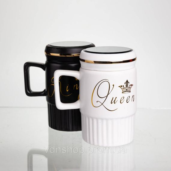 Набір парних порцелянових чашок з кришкою 2 (шт) по 450  (мл) Чорний з білим Yiwu FM-26 | Зображення 3