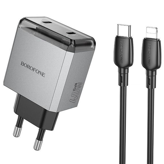 МЗП Borofone BN21 Lena PD40W+QC3.0 (2USB-C) + кабель Type-C to Lightning Metal gray