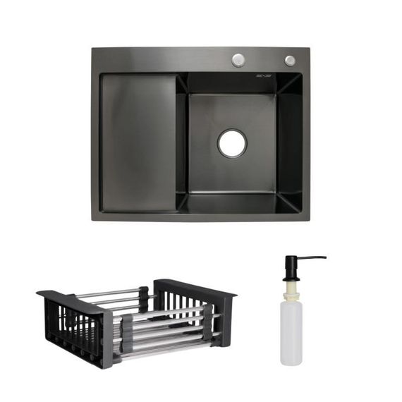 Комплект Lidz Handmade H6350BL Мийка для кухні інтегрована крило зліва BlackPVD у комплекті з дозатором + Lidz K01B Кошик