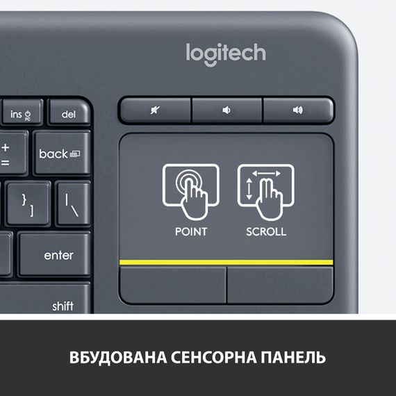 Клавіатура Logitech K400 Plus Touch Wireless UA Black (920-007145) | Зображення 3