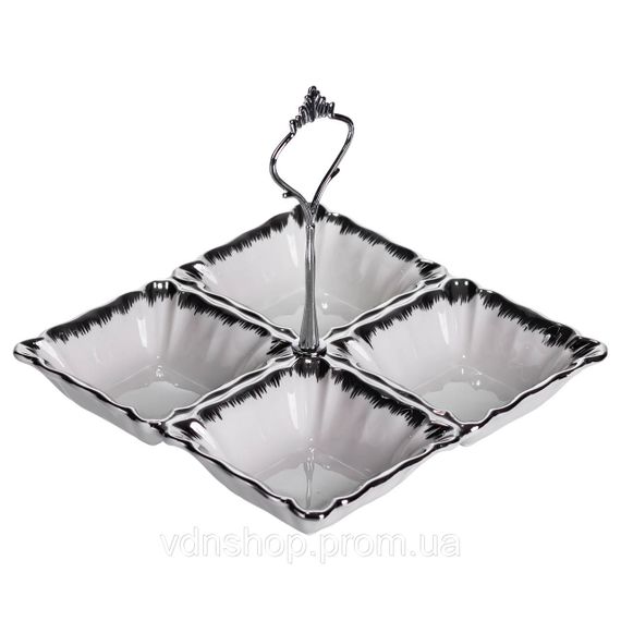 Менажниця порцелянова на 4 секції для закусок 18×18×3 (см) з ручкою Білий з сріблом LC-BYL-100-S