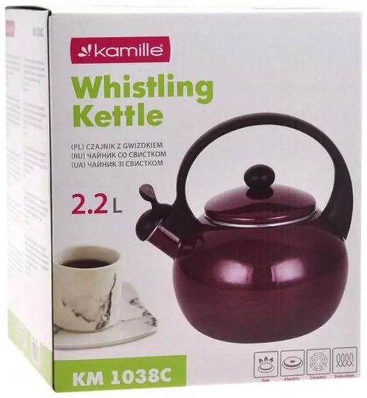 Чайник емальований Kamille "Boiling Water" 2.2л зі свистком, темно-червоний металік | Зображення 3