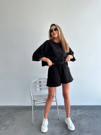 Женский летний костюм шорты и футболка оверсайз LU201 цвет черный, размер onesize S-XL | Зображення 3