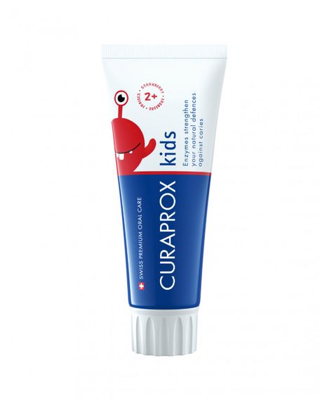 Дитяча зубна паста Curaprox TPkids950S (60 ml) з полуничним смаком. З фтором 950ppm. Для малюків віком від 2-х років.