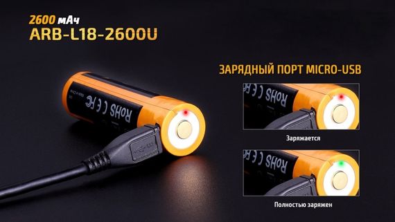 Акумулятор 18650 Fenix (2600 mAh) micro usb зарядка | Зображення 5